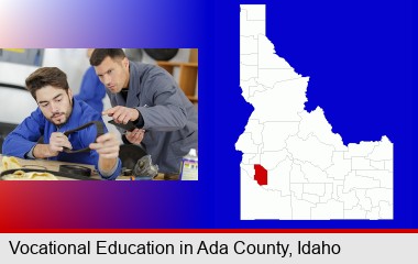 student studying auto mechanics at a vocational school; Ada County highlighted in red on a map
