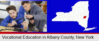 student studying auto mechanics at a vocational school; Albany County highlighted in red on a map