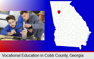student studying auto mechanics at a vocational school; Cobb County highlighted in red on a map