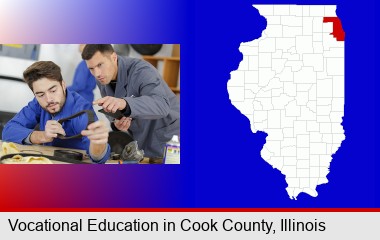 student studying auto mechanics at a vocational school; Cook County highlighted in red on a map