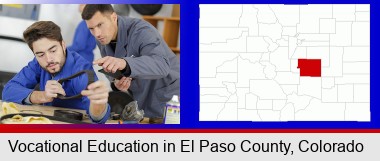 student studying auto mechanics at a vocational school; Elbert County highlighted in red on a map