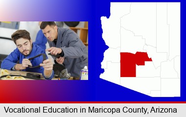 student studying auto mechanics at a vocational school; Maricopa County highlighted in red on a map
