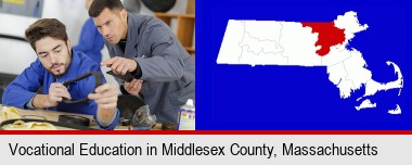 student studying auto mechanics at a vocational school; Middlesex County highlighted in red on a map