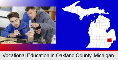 student studying auto mechanics at a vocational school; Oakland County highlighted in red on a map