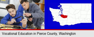 student studying auto mechanics at a vocational school; Pierce County highlighted in red on a map