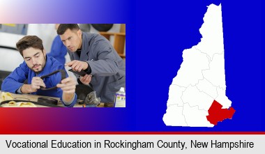 student studying auto mechanics at a vocational school; Rockingham County highlighted in red on a map
