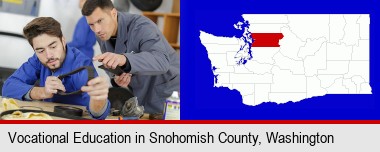 student studying auto mechanics at a vocational school; Snohomish County highlighted in red on a map