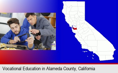 student studying auto mechanics at a vocational school; Alameda County highlighted in red on a map