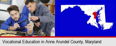 student studying auto mechanics at a vocational school; Anne Arundel County highlighted in red on a map