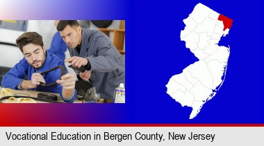 student studying auto mechanics at a vocational school; Bergen County highlighted in red on a map