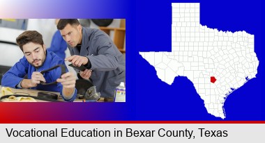 student studying auto mechanics at a vocational school; Bexar County highlighted in red on a map