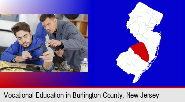 student studying auto mechanics at a vocational school; Burlington County highlighted in red on a map