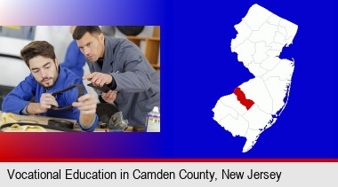 student studying auto mechanics at a vocational school; Camden County highlighted in red on a map