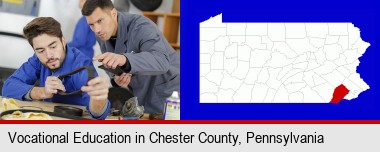 student studying auto mechanics at a vocational school; Chester County highlighted in red on a map