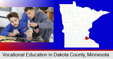 student studying auto mechanics at a vocational school; Dakota County highlighted in red on a map