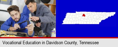 student studying auto mechanics at a vocational school; Davidson County highlighted in red on a map