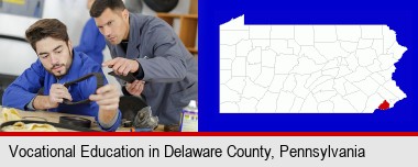 student studying auto mechanics at a vocational school; Delaware County highlighted in red on a map
