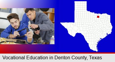 student studying auto mechanics at a vocational school; Denton County highlighted in red on a map