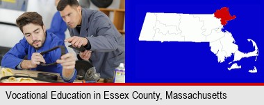 student studying auto mechanics at a vocational school; Essex County highlighted in red on a map