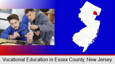 student studying auto mechanics at a vocational school; Essex County highlighted in red on a map