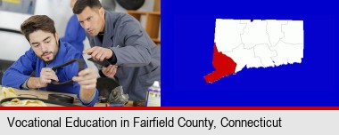 student studying auto mechanics at a vocational school; Fairfield County highlighted in red on a map