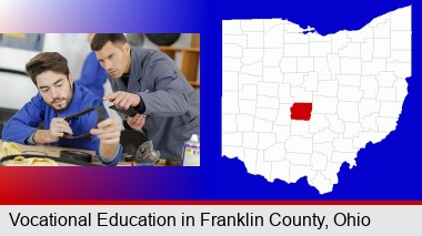 student studying auto mechanics at a vocational school; Franklin County highlighted in red on a map