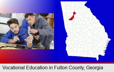 student studying auto mechanics at a vocational school; Fulton County highlighted in red on a map