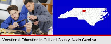 student studying auto mechanics at a vocational school; Guilford County highlighted in red on a map