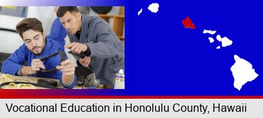 student studying auto mechanics at a vocational school; Honolulu County highlighted in red on a map