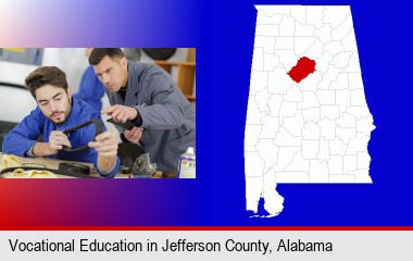 student studying auto mechanics at a vocational school; Jefferson County highlighted in red on a map