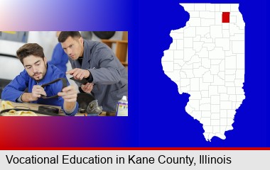student studying auto mechanics at a vocational school; Kane County highlighted in red on a map