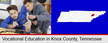 student studying auto mechanics at a vocational school; Knox County highlighted in red on a map