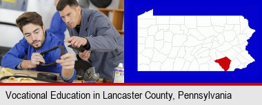 student studying auto mechanics at a vocational school; Lancaster County highlighted in red on a map