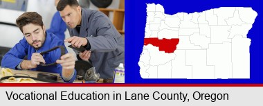student studying auto mechanics at a vocational school; Lane County highlighted in red on a map