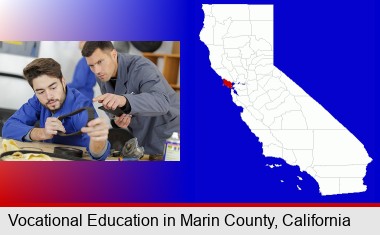 student studying auto mechanics at a vocational school; Marin County highlighted in red on a map