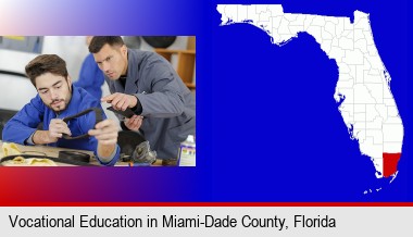 student studying auto mechanics at a vocational school; Miami-Dade County highlighted in red on a map