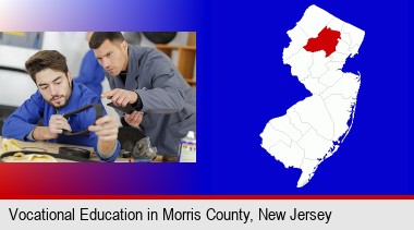 student studying auto mechanics at a vocational school; Morris County highlighted in red on a map