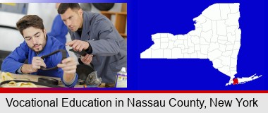 student studying auto mechanics at a vocational school; Nassau County highlighted in red on a map