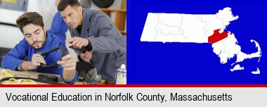 student studying auto mechanics at a vocational school; Norfolk County highlighted in red on a map
