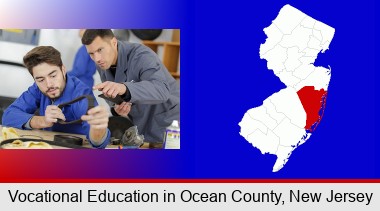 student studying auto mechanics at a vocational school; Ocean County highlighted in red on a map