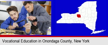 student studying auto mechanics at a vocational school; Onondaga County highlighted in red on a map