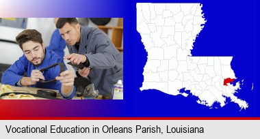 student studying auto mechanics at a vocational school; Orleans Parish highlighted in red on a map