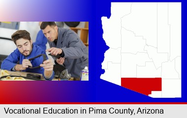 student studying auto mechanics at a vocational school; Pima County highlighted in red on a map