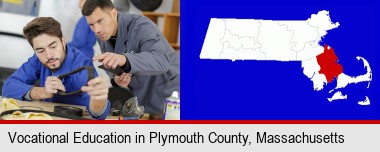 student studying auto mechanics at a vocational school; Plymouth County highlighted in red on a map