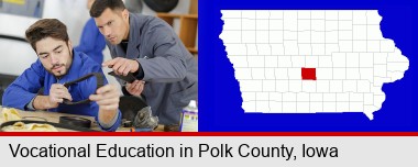 student studying auto mechanics at a vocational school; Polk County highlighted in red on a map