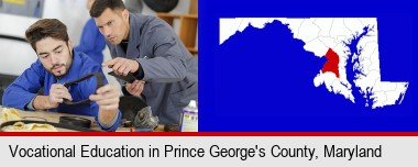 student studying auto mechanics at a vocational school; Prince George's County highlighted in red on a map