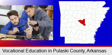 student studying auto mechanics at a vocational school; Pulaski County highlighted in red on a map