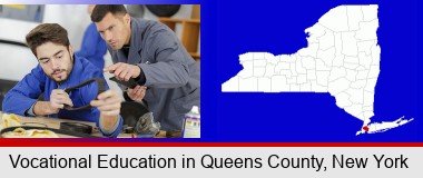 student studying auto mechanics at a vocational school; Queens County highlighted in red on a map