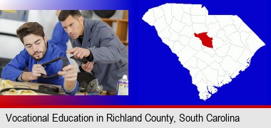 student studying auto mechanics at a vocational school; Richland County highlighted in red on a map