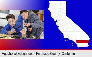 student studying auto mechanics at a vocational school; Riverside County highlighted in red on a map